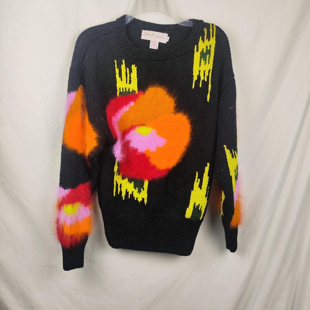Sheila Raymond Sweater Womens Large Black Neon Floral Angora Hand Knit Pullover